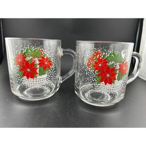 Set of 2 Vintage Luminarc Glass‎ Mugs Christmas Poinsettia Basket Design